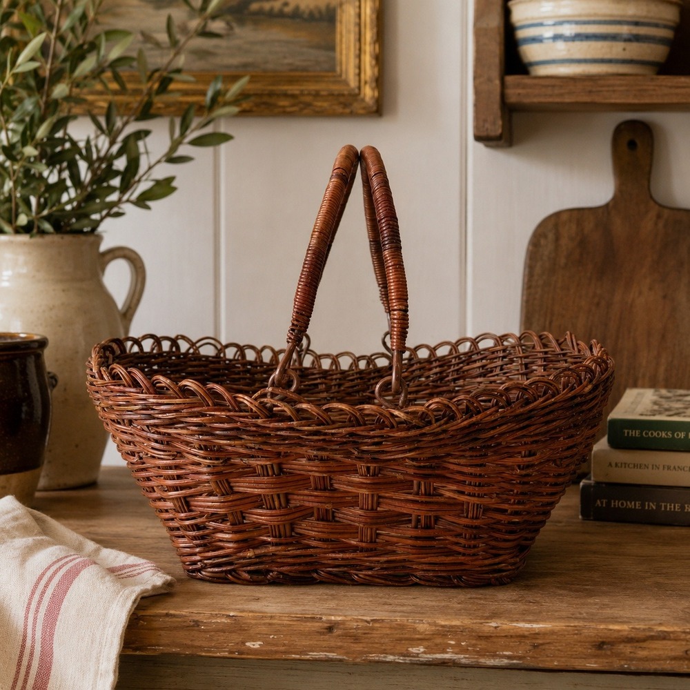 English Cottage Market Basket Vintage Wicker Storage Bread Basket Decor